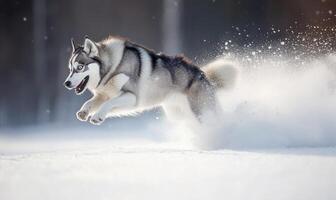 A dog is running through the snow with its tongue out photo
