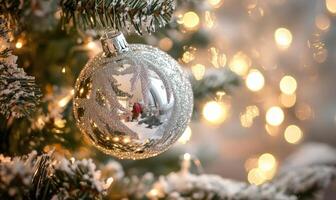 A silver ornament hanging from a Christmas tree photo