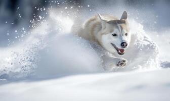 A dog is running through the snow, leaving a trail of white powder behind it photo