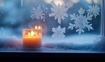 A candle is lit in front of a window with snowflakes on the glass photo