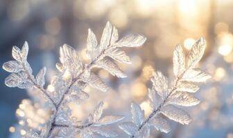 A branch covered in frost and snow, with the sun shining on it photo