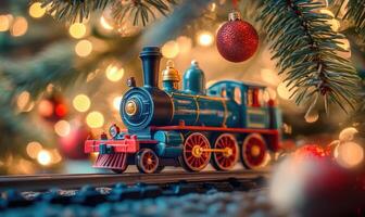 A train is sitting on a track with a red ball hanging from a tree photo