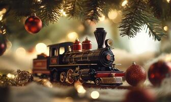 A train with red and black colors is sitting on a snowy surface photo