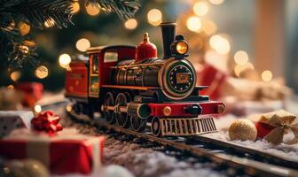 A train is on a track with a Christmas tree in the background photo