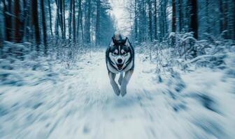 A dog is running through the snow in a forest photo