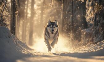 A dog is running through the snow, with its tongue hanging out photo