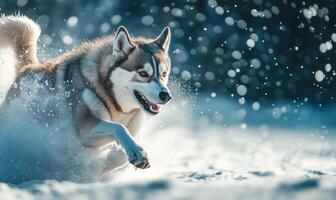 A dog is running through the snow with its tongue out photo