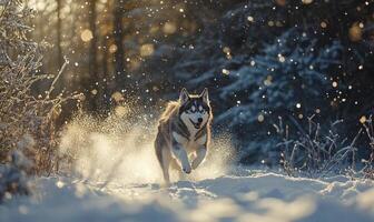 A dog is running through the snow with its tongue out photo
