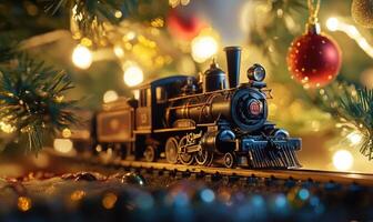 A train is on a track with a Christmas tree in the background photo