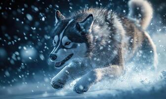 A dog is running through the snow with its mouth open photo