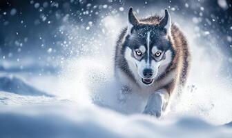 A dog is running through the snow with its mouth open and its eyes wide open photo