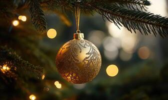 A gold ornament hangs from a Christmas tree photo