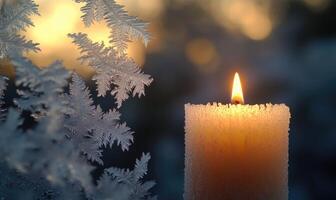A candle is lit in front of a tree covered in frost photo