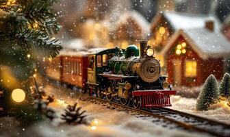 A train is traveling down a snowy track with a Christmas tree in the background photo