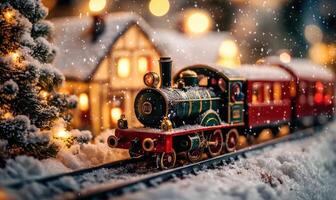 A small train is traveling down a snowy track next to a house photo