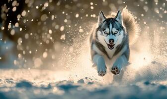 A dog is running through the snow with its tongue out photo