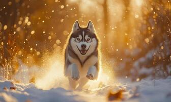 A dog is running through the snow with its tongue out and its eyes wide open photo