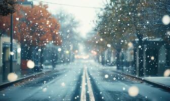 A snowy street with a few trees in the background photo