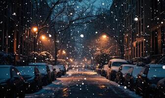 A snowy street with cars parked on the side photo