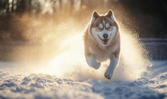 A dog is running through the snow with its tongue out photo