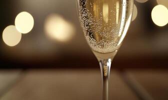 A champagne glass is filled with bubbles and is sitting on a table photo