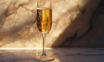 A glass of champagne is sitting on a marble countertop photo