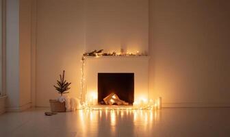 A fireplace with a Christmas tree and lights on it photo