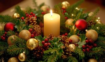 A candle is lit in a wreath of evergreen branches and red berries photo
