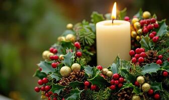 A candle is lit in a wreath of red berries and pine needles photo