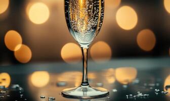 A champagne glass is filled with bubbles and is sitting on a table photo