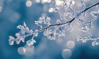 A branch covered in snow with a blue sky in the background photo