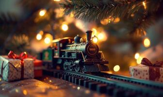 A train is on a track next to a Christmas tree and presents photo