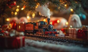 A train with the number 4 on it is traveling down a track photo