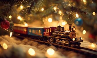A train is on a track with Christmas lights in the background photo