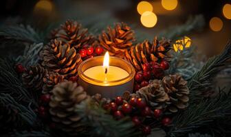 A candle is lit in a glass container with pine cones and berries photo