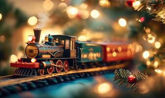 A train is on a track with a Christmas tree in the background photo