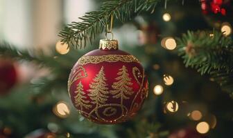 A red ornament with trees on it hangs on a Christmas tree photo