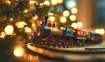 A train is on a track with a Christmas tree in the background photo