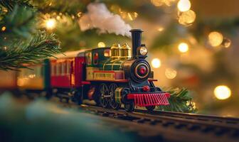 A train is on a track with a Christmas tree in the background photo