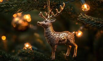 A gold deer ornament hangs on a Christmas tree photo