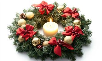 A wreath with a candle in the center and red bows on the outside photo