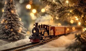 A train is traveling down a snowy track next to a tree photo