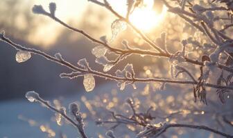 A branch covered in frost and snow with the sun shining on it photo