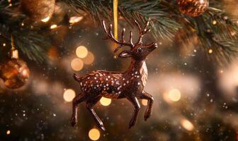A deer ornament hangs from a Christmas tree photo