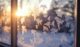 A window with snowflakes on it and the sun shining through photo