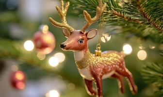 A gold and white deer ornament hangs on a Christmas tree photo