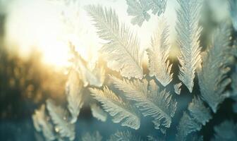 A frosty window with a beautiful, intricate design of feathers photo