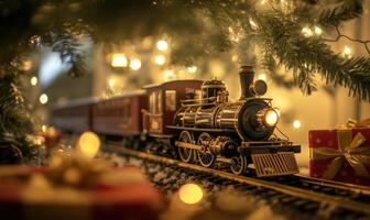 A train is on a track with a Christmas tree in the background photo
