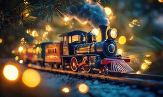 A train with a black engine and red wheels is on a track photo