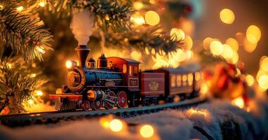 A train is on a track with a Christmas tree in the background photo